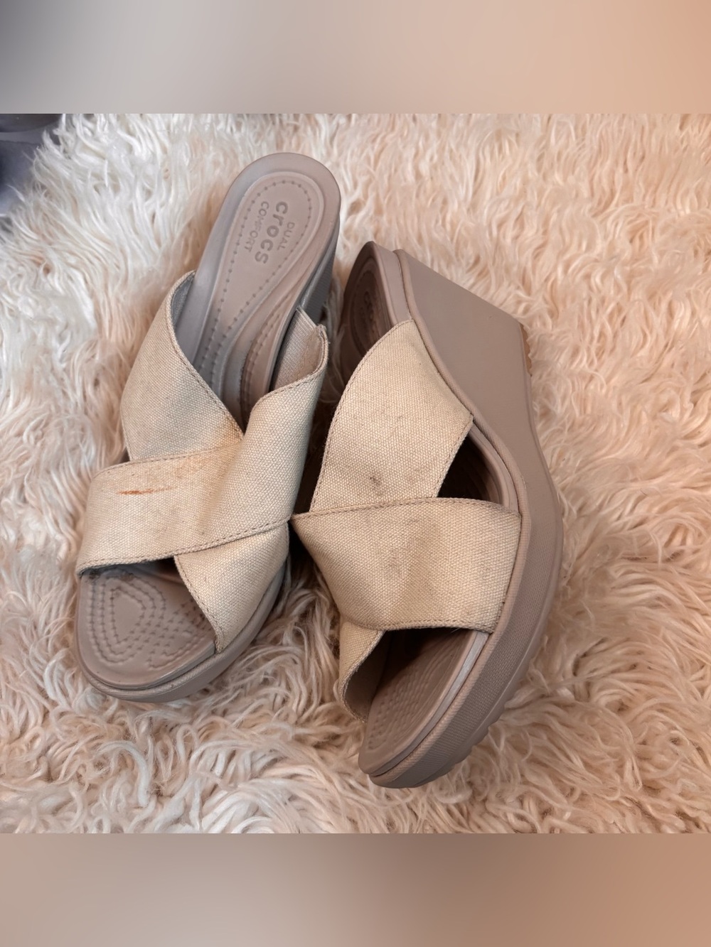 Crocs Leigh II X Strap Wedge Sandals Womens Beige Linen Wedges